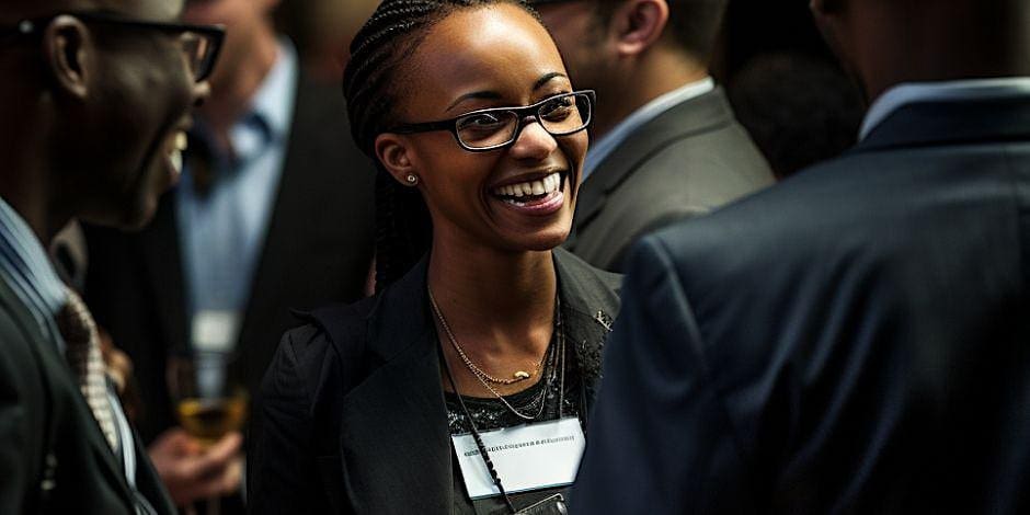 A young professional woman with braided hair and glasses smiles warmly while engaging in conversation at a networking event. She is dressed in a black blazer and wears a name badge around her neck. The background is softly blurred, highlighting other attendees in suits, one of whom holds a drink, suggesting a formal or corporate setting.